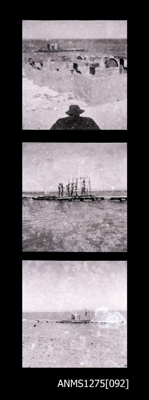 Three images, the first of a persons shadow, and possibly equipment on a beach, and the second and third of several men constructing a pearl raft