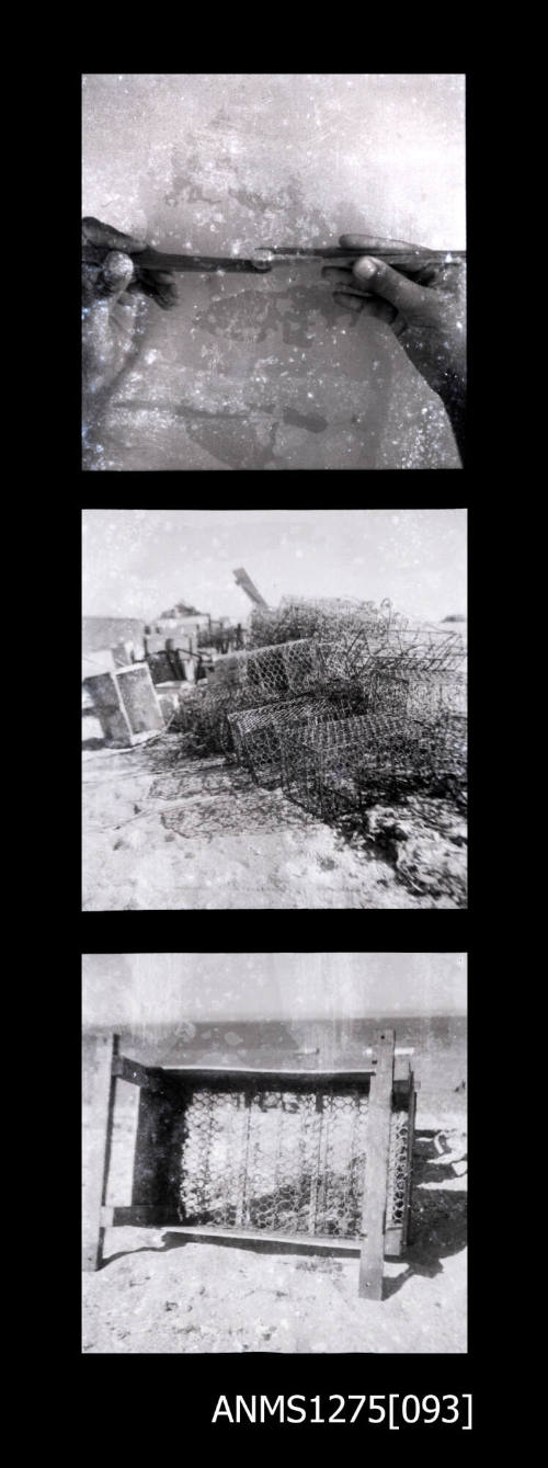 Three images, the first of a persons hands, holding a pearl between two metal tweezers, the second of a large pile of pearl cages, and the third possibly of a turned over table with wire top