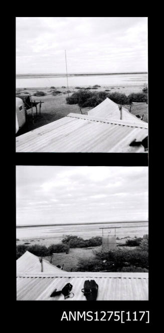 Two black-and-white negatives, joined together, of sand and ocean views, and the top of a corrugated roof