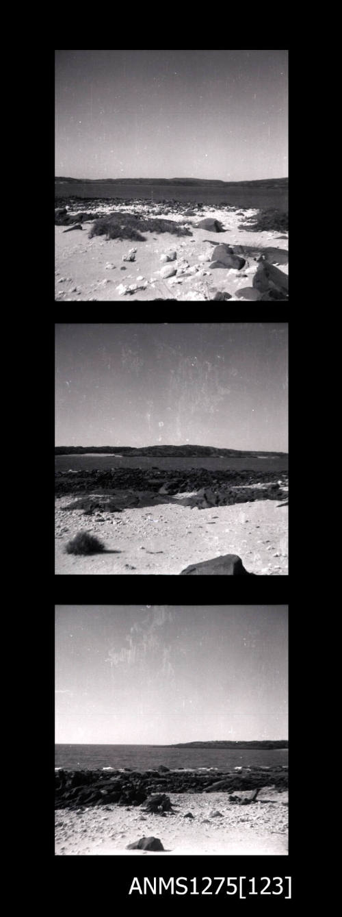 Three images, of rocks, sand and water at the Bay of Rest