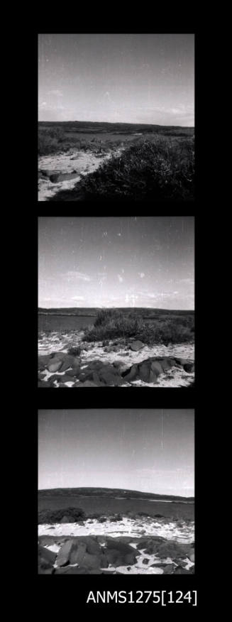 Three images, of rocks, sand and water at the Bay of Rest