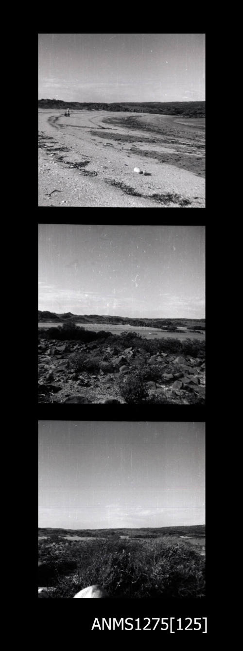 Three images, of sand, shrubs and rocks at the Bay of Rest