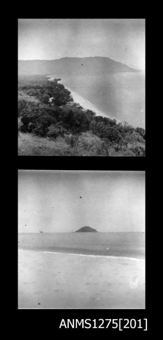 Two black-and-white negatives, joined together, both possibly of water and land