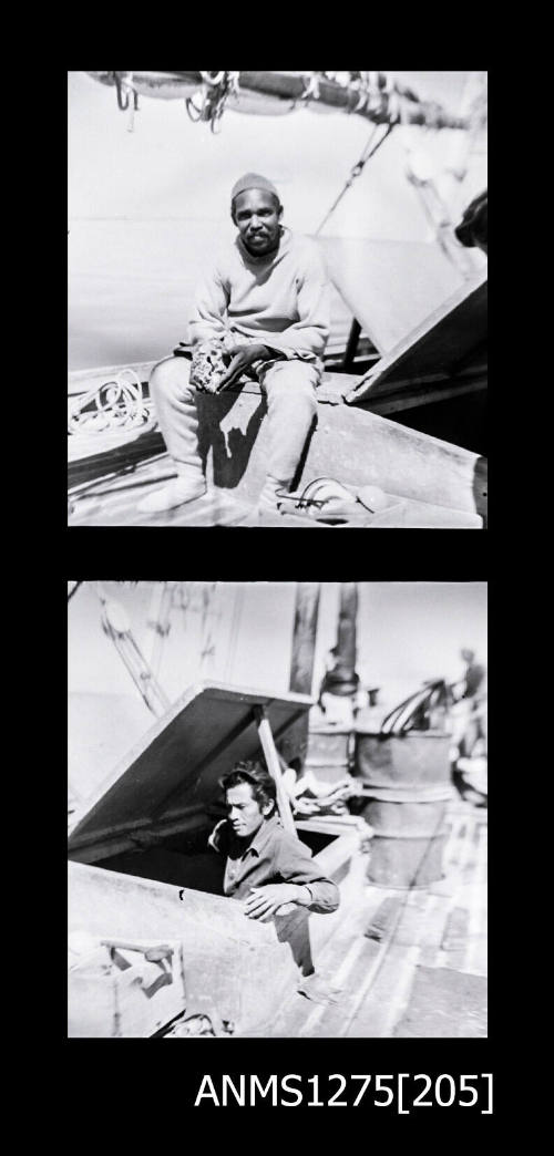 Two black-and-white negatives, joined together, the first of a man sitting in a lugger, and the second of a man going down a door in the boat with a lift top