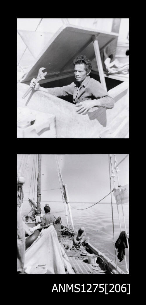 Two black-and-white negatives, joined together, of a man in a door in the boat with a lift top, and the second of men working in a lugger