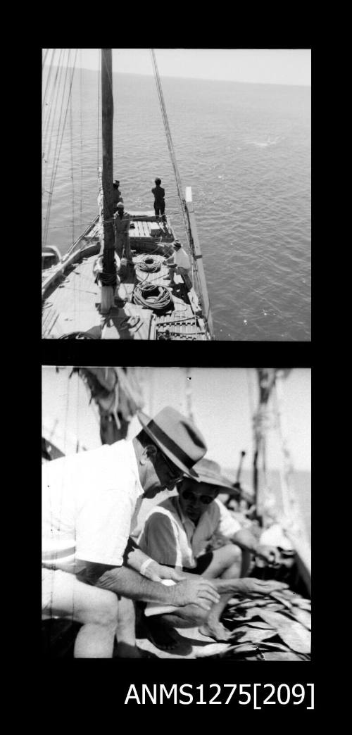 Two black-and-white negatives, joined together, the first of four men on a pearl lugger, and the second of two men crouched over, looking at an unidentifiable object