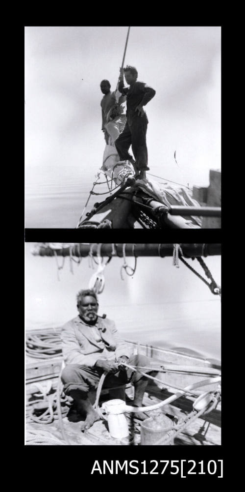 Two black-and-white negatives, joined together, the first of two men standing together at the front of the lugger, holding onto rope, and the second of a man smoking a pipe, holding onto rope