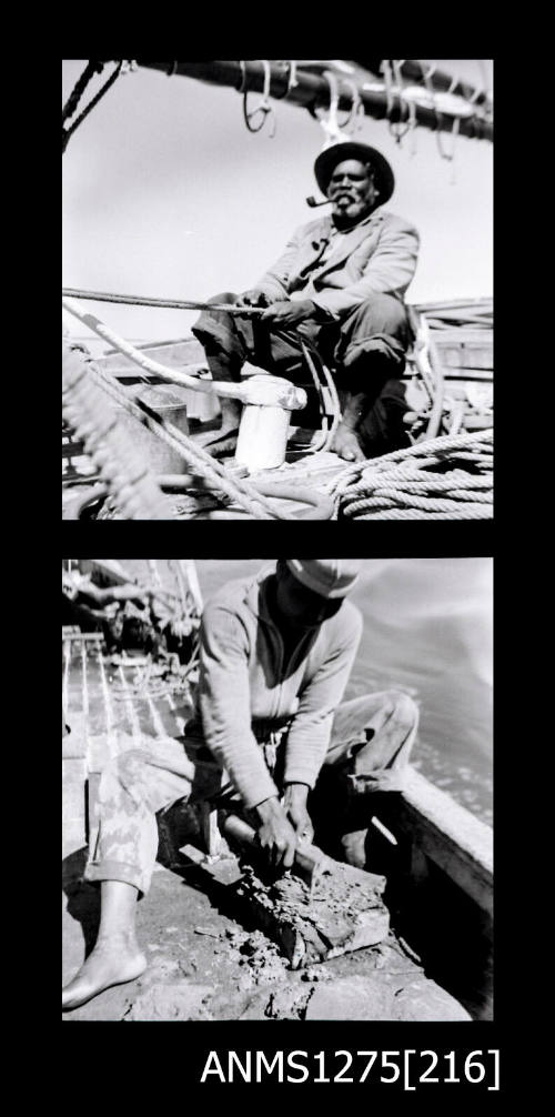 Two black-and-white negatives, joined together, the first of a man sitting on a lugger, smoking from a pipe, holding onto ropes, and the second of a man cutting open a pearl shell with an axe