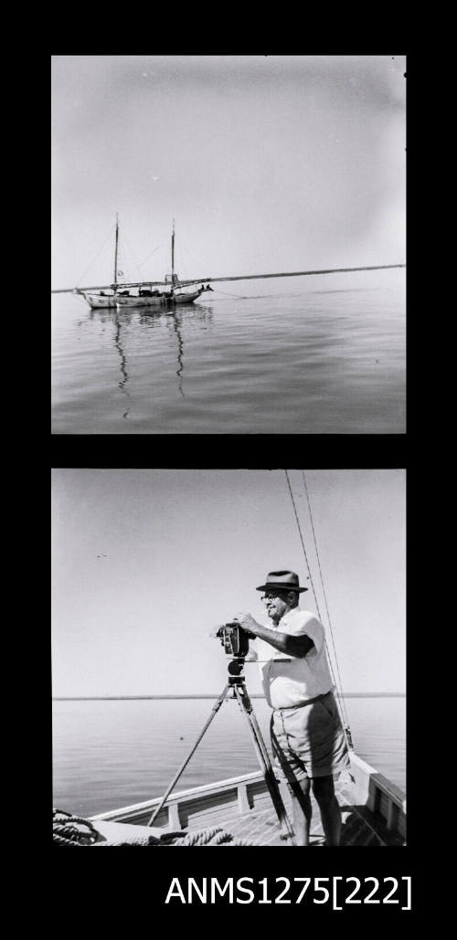 Two black-and-white negatives, joined together. The first is of a two mast boat in the water, and the second is of a man holding a camera on a tripod