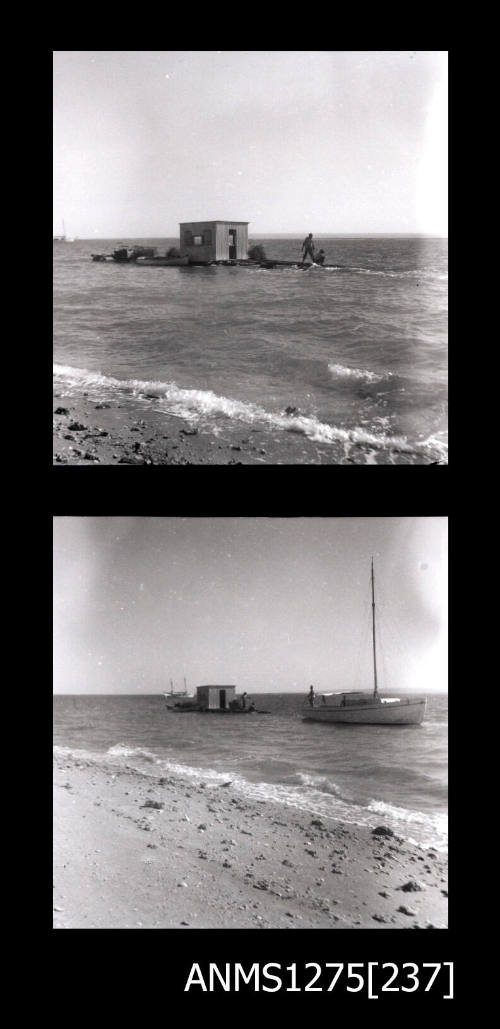 Two black-and-white negatives, joined together, both of a pearl raft with a shed in the water, and in the second photograph there is also a boat