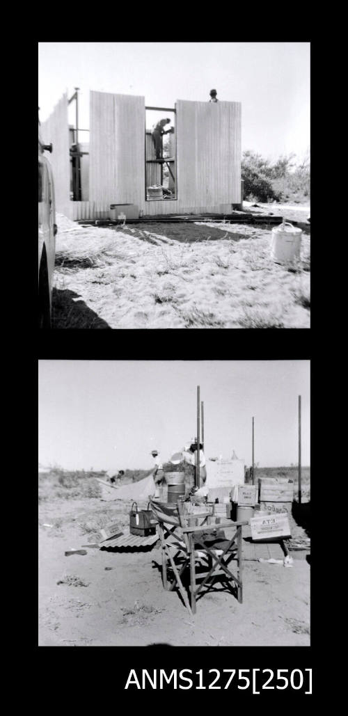 Two black-and-white negatives, joined together, the first of two people building a shed, and the second of various pieces of equipment on the ground