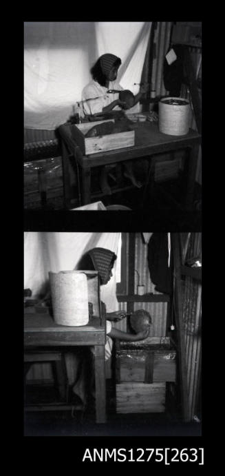Two black-and-white negatives, joined together, the first of Yurie (or Yulie) George about to insert a nucleus into a pearl shell, and the second of Yurie opening a pearl shell over a wooden box with wire covering