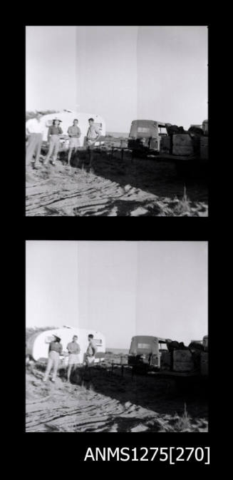 Two black-and-white negatives, joined together, both of men standing in front of a caravan, and near a car and other equipment