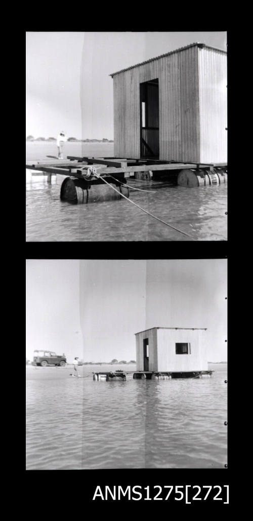 Two black-and-white negatives, joined together, both of a shed on a pearl raft