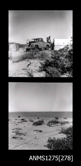 Two black-and-white negatives, joined together, the first of a car on the sand, with a man standing on the back, and the second of sand and vegetation