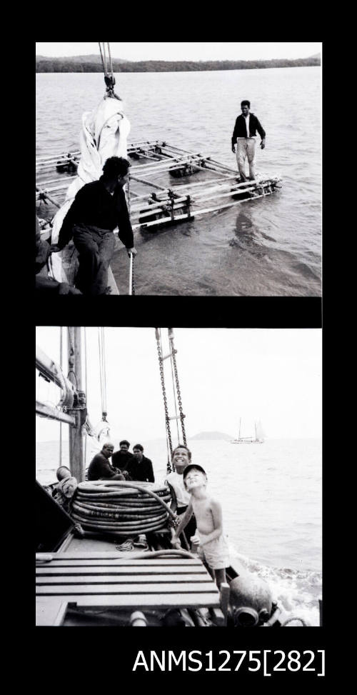 Two black-and-white negatives, joined together, the first of a man walking on a pearl raft, and the second of five men on a boat, near a large pile of hose