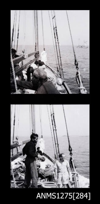 Two black-and-white negatives, joined together, both of several men sitting or standing on a lugger