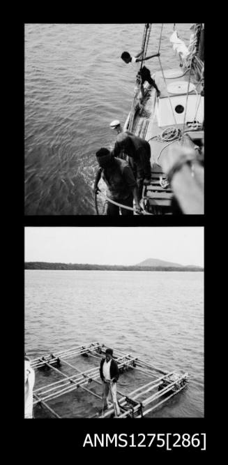 Two black-and-white negatives, joined together, the first of four men looking over the side of a lugger, with one holding onto a divers air hose, and the second of a man standing on a pearl raft