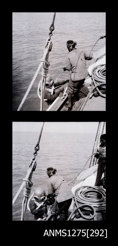 Two black-and-white negatives, joined together, both of two men pulling a diver in giving gear over the side of a lugger, with a large pile of hose on the deck