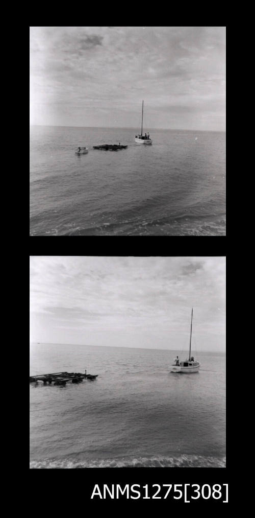 Two black-and-white negatives, joined together, both of a small boat pulling a pearl raft in the water