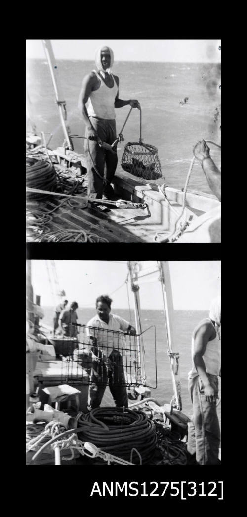 Two black-and-white negatives, the first of a man standing, holding a pearl shell basket on a boat, and the second of several people on a boat, one man holding a metal cage, standing behind a large pile of hose