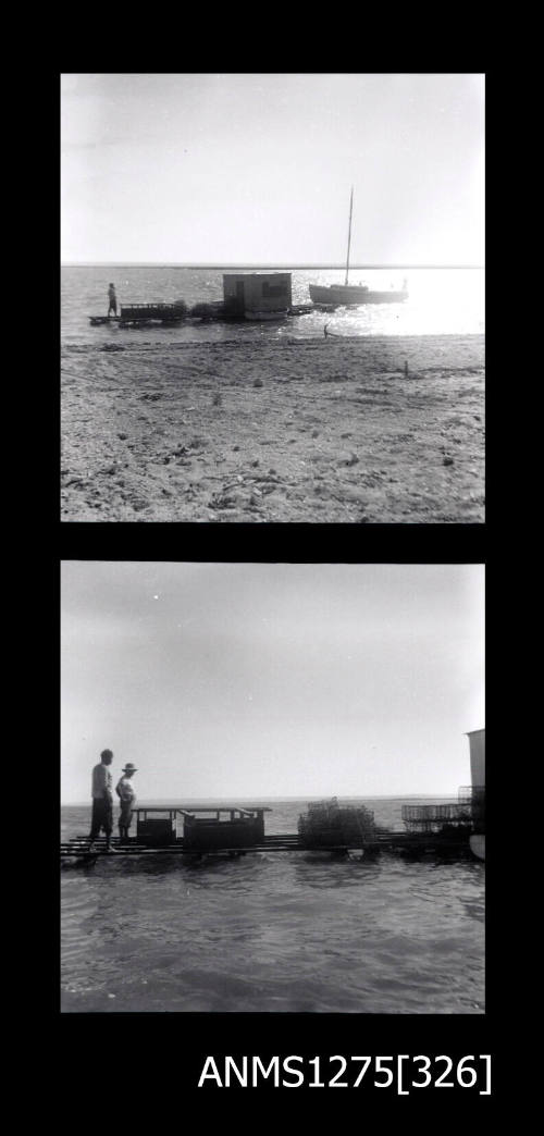 Two black-and-white negatives, the first of a pearl raft in the water, next to a boat, and the second of two people standing on the edge of a pearl raft