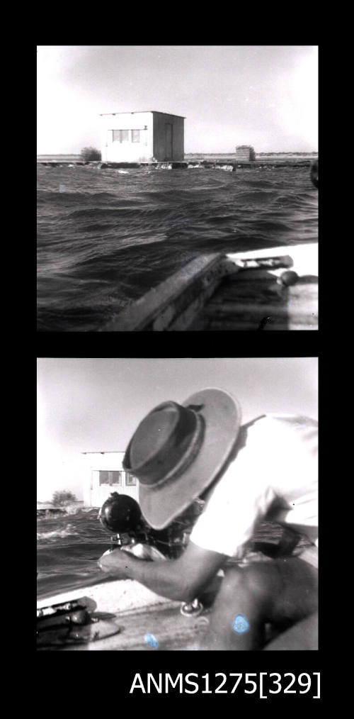 Two black-and-white negatives, the first of a pearl raft in the water, and the second of a person in a hat holding an object, in front of the pearl raft