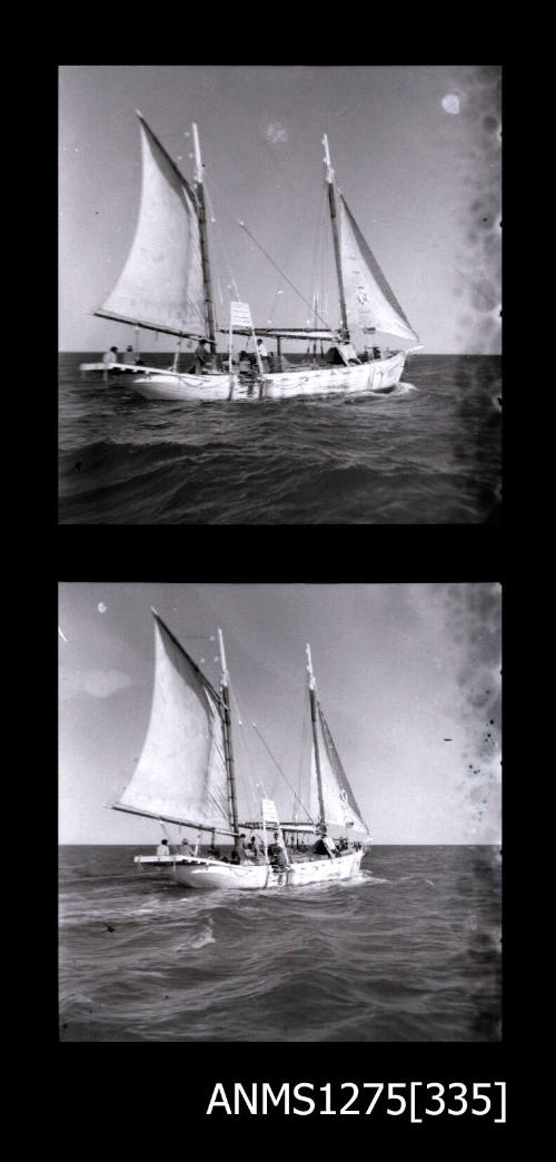 Two black-and-white negatives, both of a two mast boat, the RUBY DANA, taken from the side