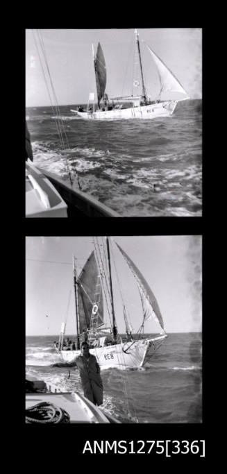 Two black-and-white negatives, the first of the two mast boat RUBY DANA, with a person standing in the forefront on another vessel, and the second of the RUBY DANA and its passengers, taken from the side