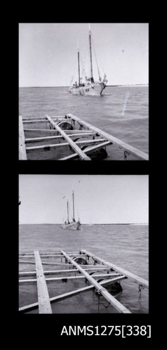 Two black-and-white negatives, both of a pearl raft, with the two mast boat RUBY DANA in the background