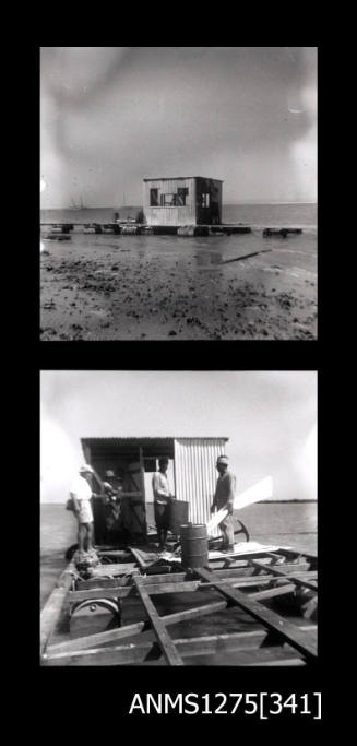 Two black-and-white negatives, both of a shed on a pearl raft, with several people standing in front of the shed in the second image