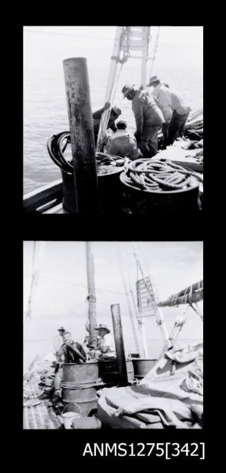 Two black-and-white negatives, both of several men working on a boat, surrounded by ropes and equipment