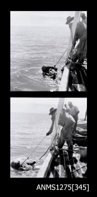 Two black-and-white negatives, of people standing on the side of a boat, one of whom is pulling a person wearing diving gear and a large diving helmet towards the boat with rope