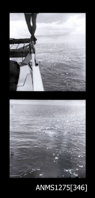 Two black-and-white negatives, the first of a persons legs, standing on a railing on the edge of a boat, and the second of air bubbles in the water