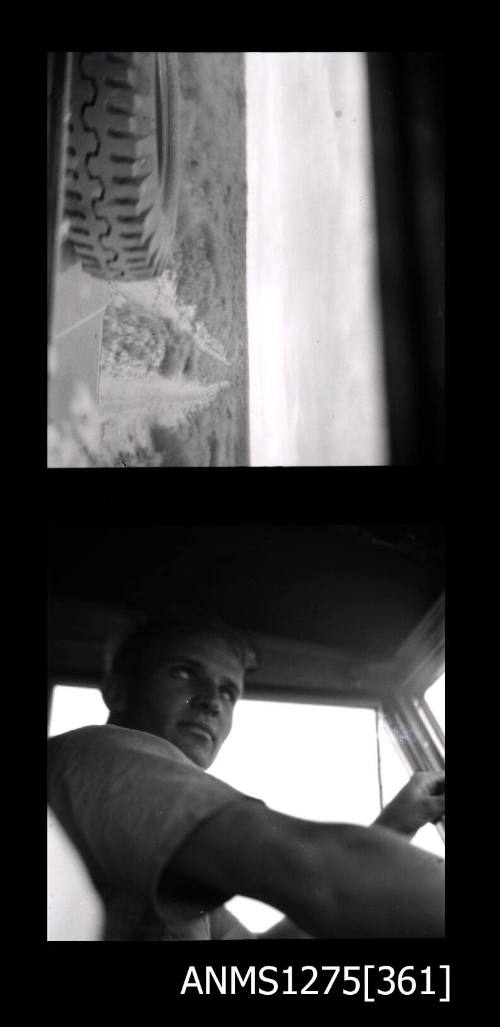 Two black-and-white negatives, the first of a spare tyre sitting on the back of a car which is driving through sand, and the second of a man sitting in a car