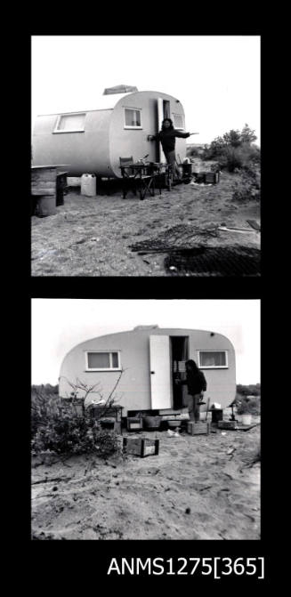 Two black-and-white negatives, both of a woman standing in front of the door of a caravan, with a table and other equipment outside the caravan