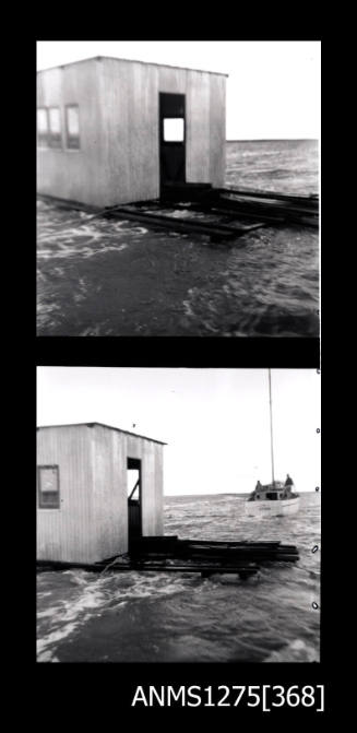 Two black-and-white negatives, both of a pearl raft, largely consisting of a shed, and in the second image, a boat is close to the raft