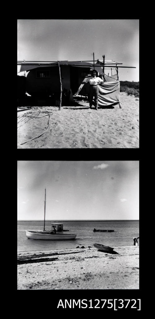 Two black-and-white negatives, the first of a woman standing in front of a caravan, and the second of a person standing on the shoreline near a boat and wooden planks, and in the water in the background is a pearl raft, possibly being pulled the boat