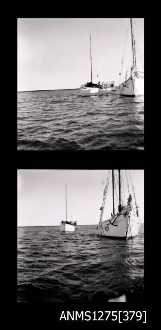 Two black-and-white negatives, both of two boats, one of which is the RUBY DANA, sailing close together, with one or both pulling a pearl raft