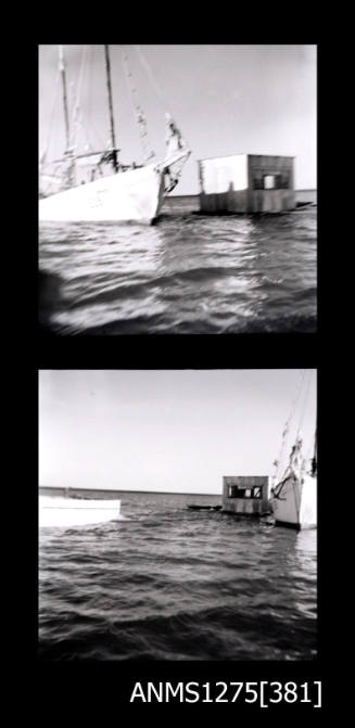 Two black-and-white negatives, the first of a pearl raft with a shed, next to which is a small boat, and then the larger boat RUBY DANA, and the second of the RUBY DANA closer to the shed on the pearl raft