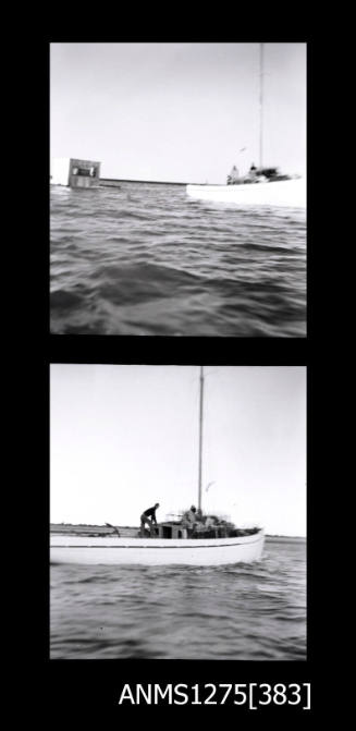 Two black-and-white negatives, both of a boat pulling a pearl raft, which is visible in the first image