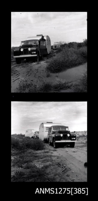 Two black-and-white negatives, joined together, both of two large cars pulling caravans along the sand