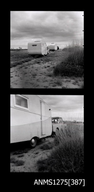 Two black-and-white negatives, joined together, both of a large car pulling a caravan through the sand