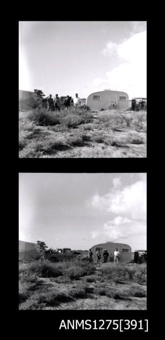 Two black-and-white negatives, both of a car and caravan, with five people standing in front of the vehicles for a photograph