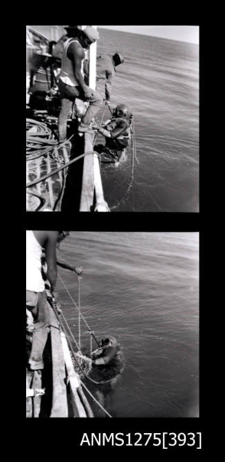 Two black-and-white negatives, both of a person wearing diving gear and a large diving helmet, being lowered over the side of a boat into the water