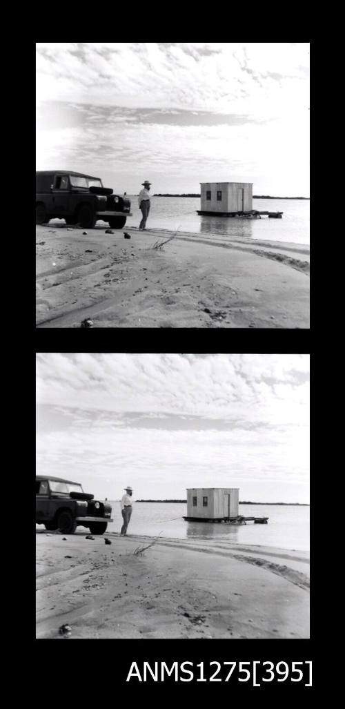 Two black-and-white negatives, both of a person standing next to a car on the sand, with a pearl raft in the water