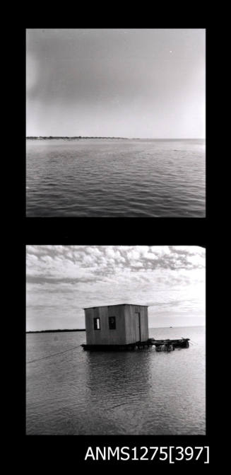 Two black-and-white negatives, the first of water and shoreline, and the second of a pearl raft in the water