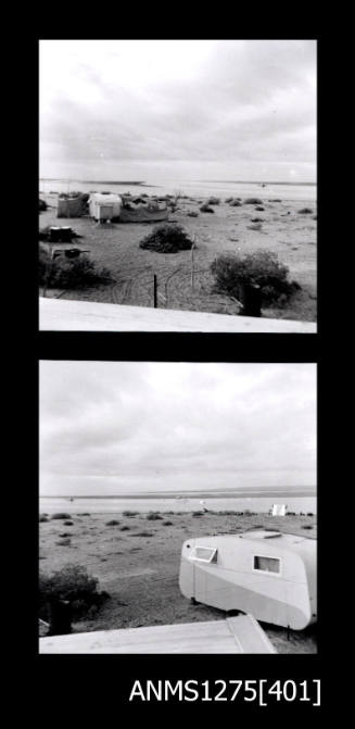 Two black-and-white negatives, joined together, both of a caravan located on sand