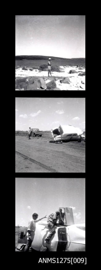 Three negatives, joined together, the first image of a person standing alone on a beach, the second of a car lying on its side being towed by another car, and the third is of three men looking in a car