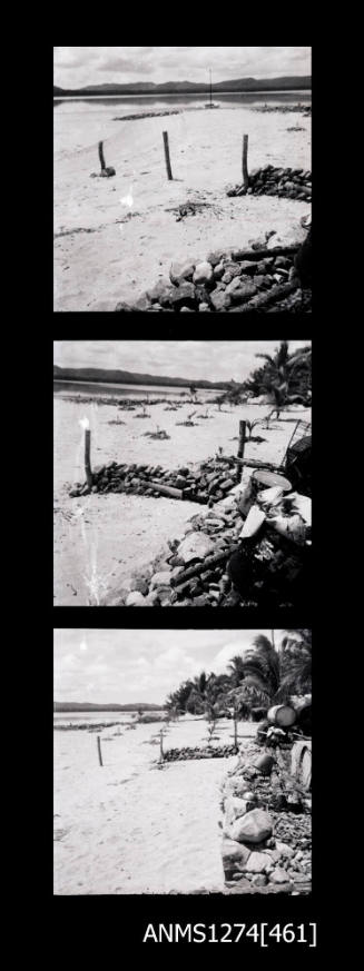 Three images, showing beach, water and equipment on Packe Island